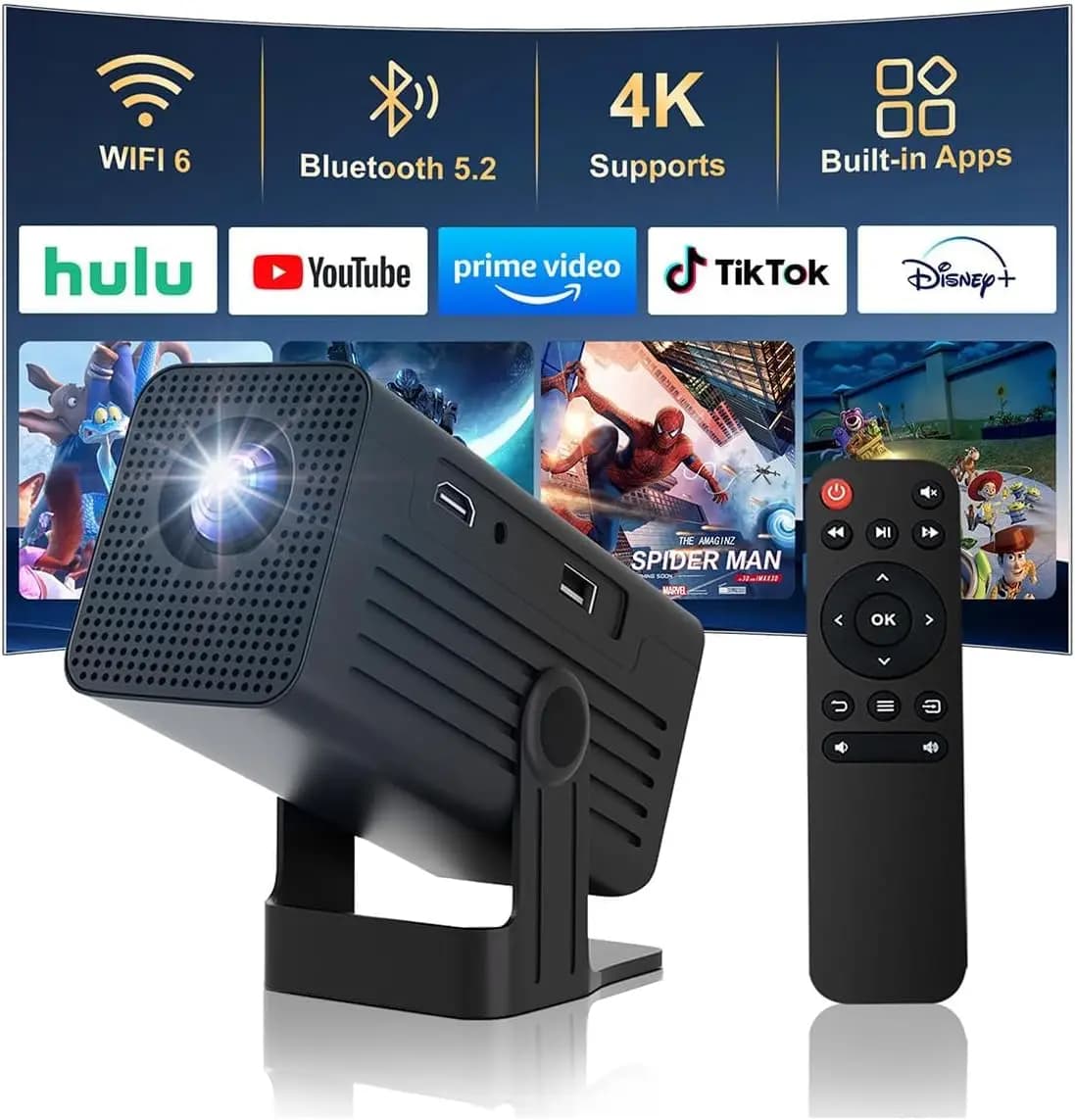 Mini Projector with WiFi and Bluetooth, 4K Support 260 ANSI, Auto Keystone, 135° Rotation for Home Outdoor