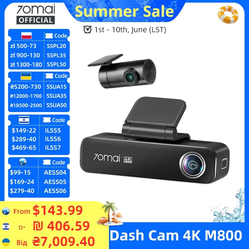 70mai Dash Cam 4K M800 2160P eMMC Built-in 128GB GPS ADAS Support 24H Parking Guard 4G Compatible Upgraded Ver. of 70mai M500