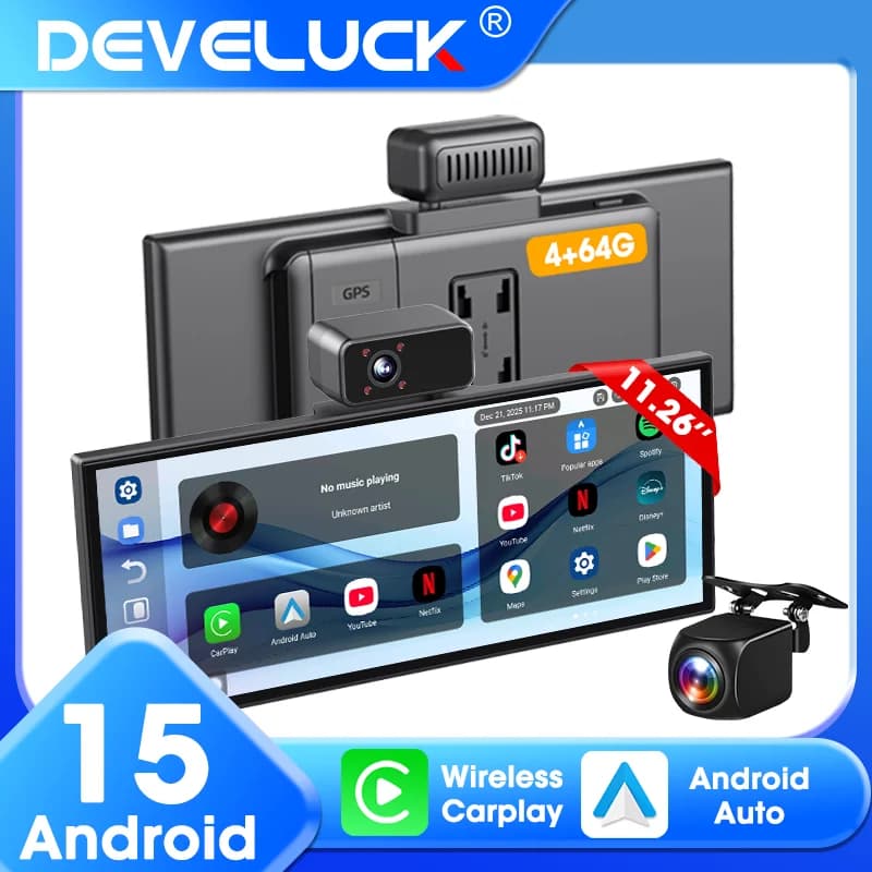 Develuck T503 11.26" Dash Cam Android 15 4 64G Wireless Car Carplay