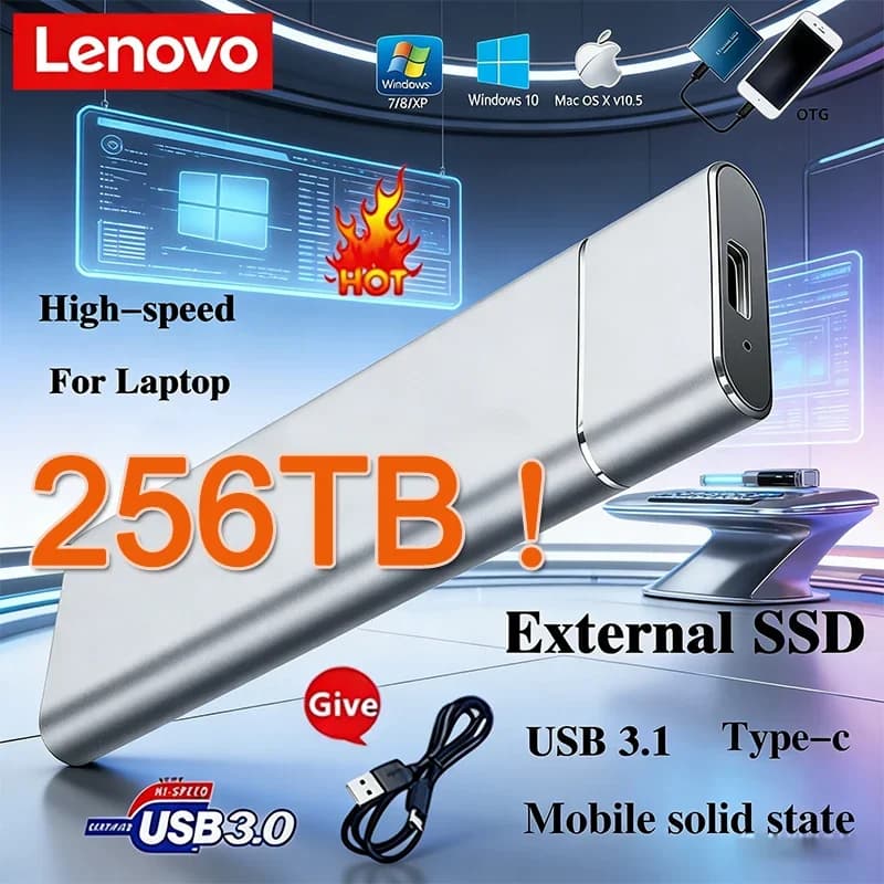 Lenovo SSD Mini Portable SSD 256TB 1TB 2TB High-speed Original SSD Mass Storage USB3.0 External Hard Drive for Computer Laptop