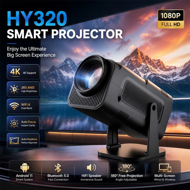 HY320 Android 11 Smart Projector Supports 4K Full HD Video WiFi 6 BT5.0 Native 720p Home Theater Outdoor Portable Projector