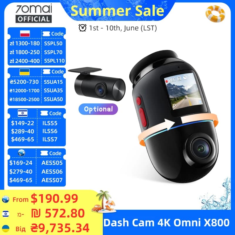70MAI Dash Cam 4K Omni X800 IMX678 360° Full View Supercapacitor